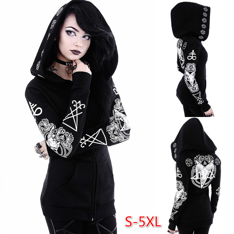 9508#2020 AliExpress Amazon Winter Irregular Black Punk Hooded Jacket Sheep Head Moon Printed Wei Yi