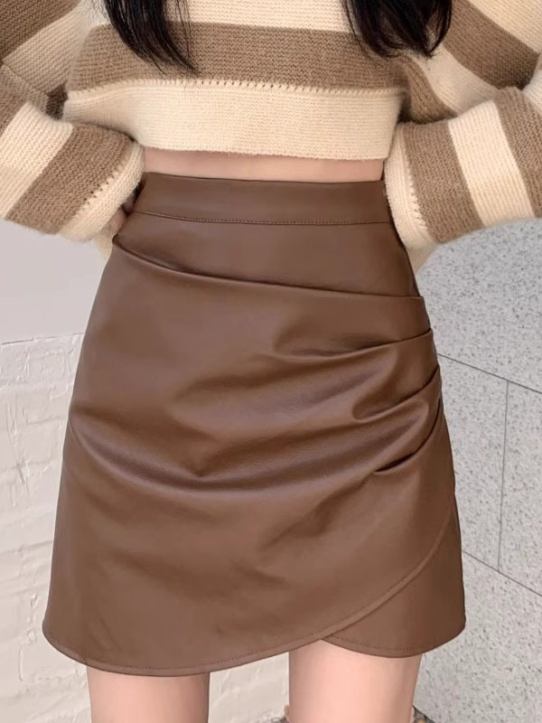 Black Small Leather Skirt Women's Autumn and Winter New Arrival chubby girl High Waist Pleated Skirt Anti-Light Puleather Hip A- Line Skirt