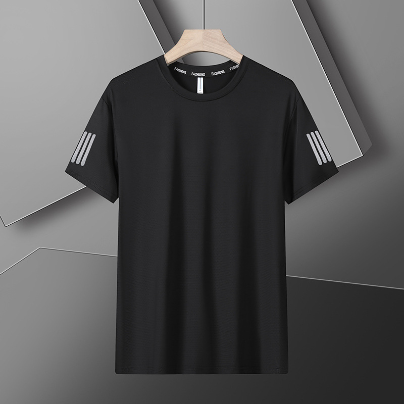 2024 New Casual Sports Ice T-Shirt Plus Size Men's Three Stripes Trendy Korean Style Breathable Short Sleeve Cool