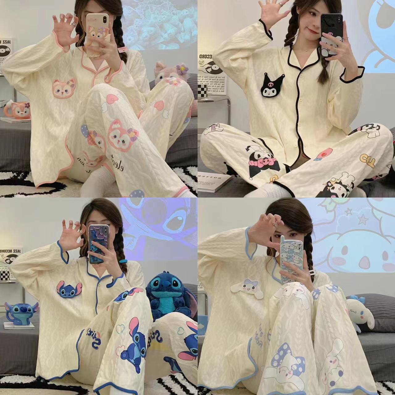 Autumn sweet cartoon embroidered cotton-like Jacquard pajamas women's lapel cardigan long-sleeved trousers online live home wear