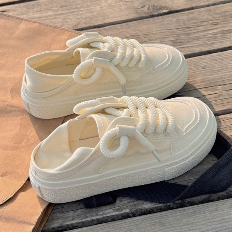 Canvas Shoes Two-Wear Lazy Slip-On Half-Drag White Shoes for Women 2025 Autum New Niche Original Thick-Soled Sneakers