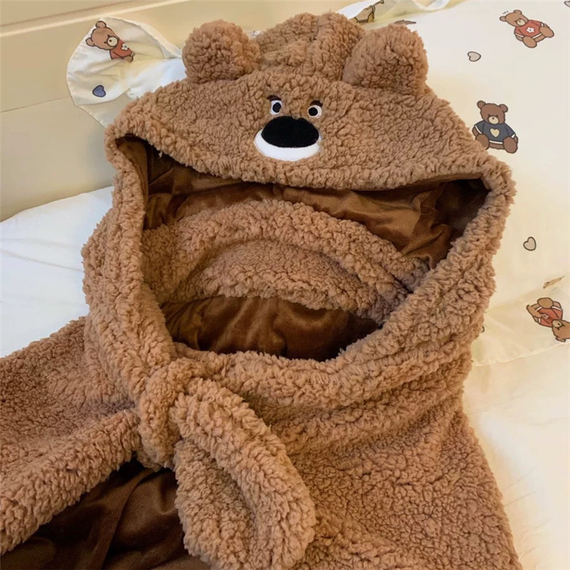 Picture of Ins Cartoon Bear Shawl Cape Winter Out Warm Thickened Cloak Student Office Lunch Break Blanket Women