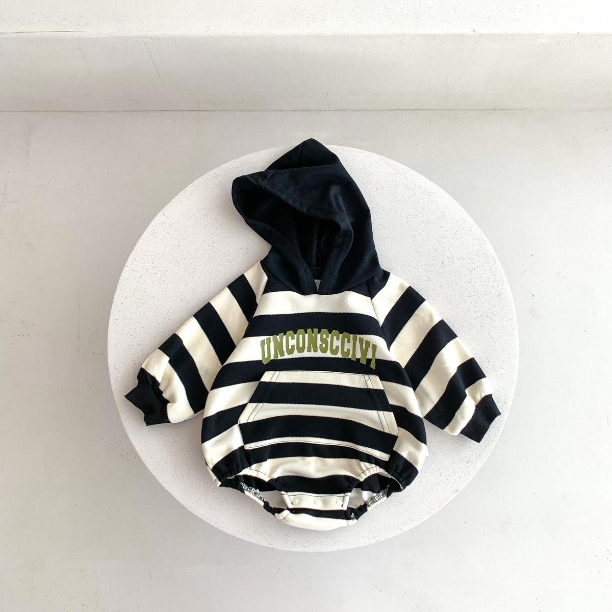 Picture of Ins K-Style Baby Spring & Fall Hooded Stripesd Bag Fart Clothes Newborn Male and Female Baby Fashionable Sweatshirt One-Piece Rompers
