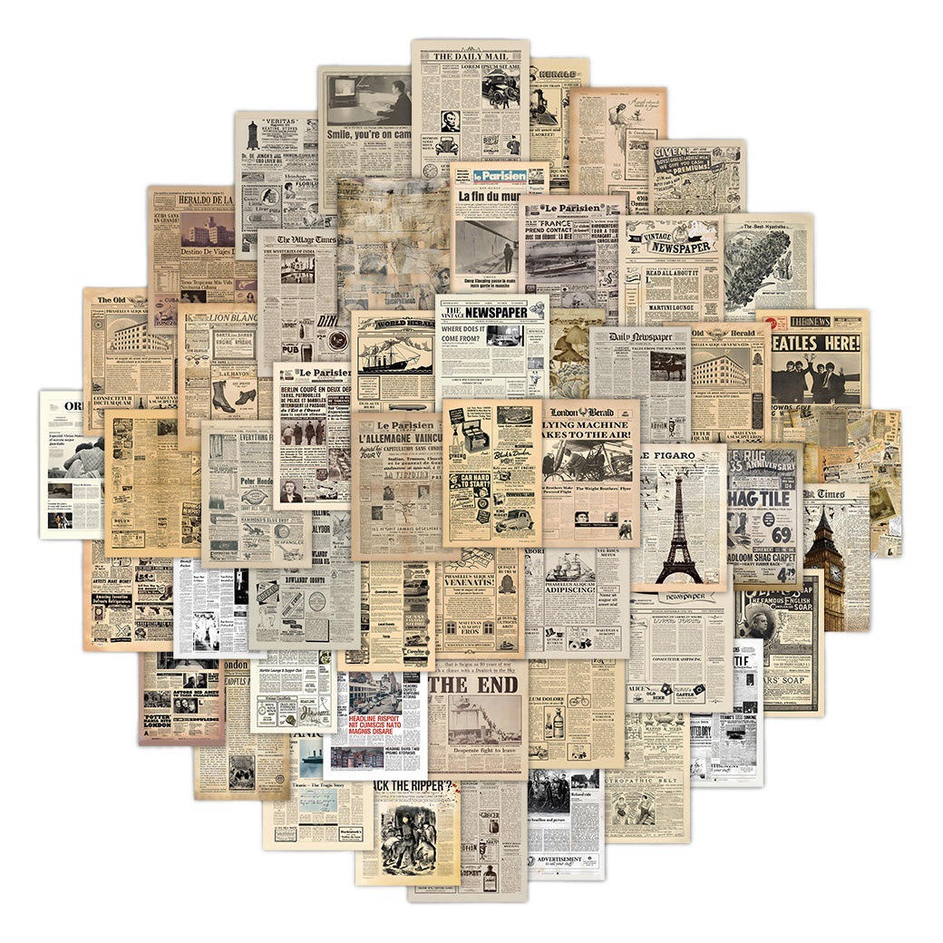 63 Pieces of Retro Poster Graffiti Stickers Nostalgic Newspaper Parchment Background Picture Sealing Stickers Material Decorative Stickers