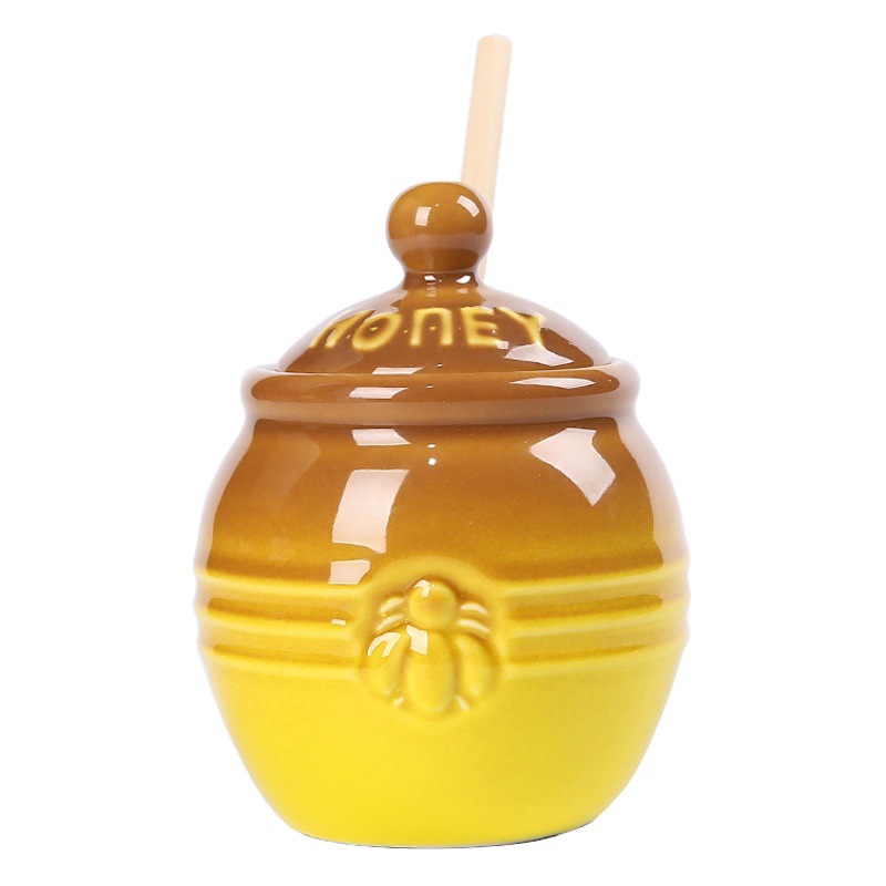 Cross-border ins style new products direct supply ceramic vintage Honey storage tank with wood mixing stick Honey style gift tank