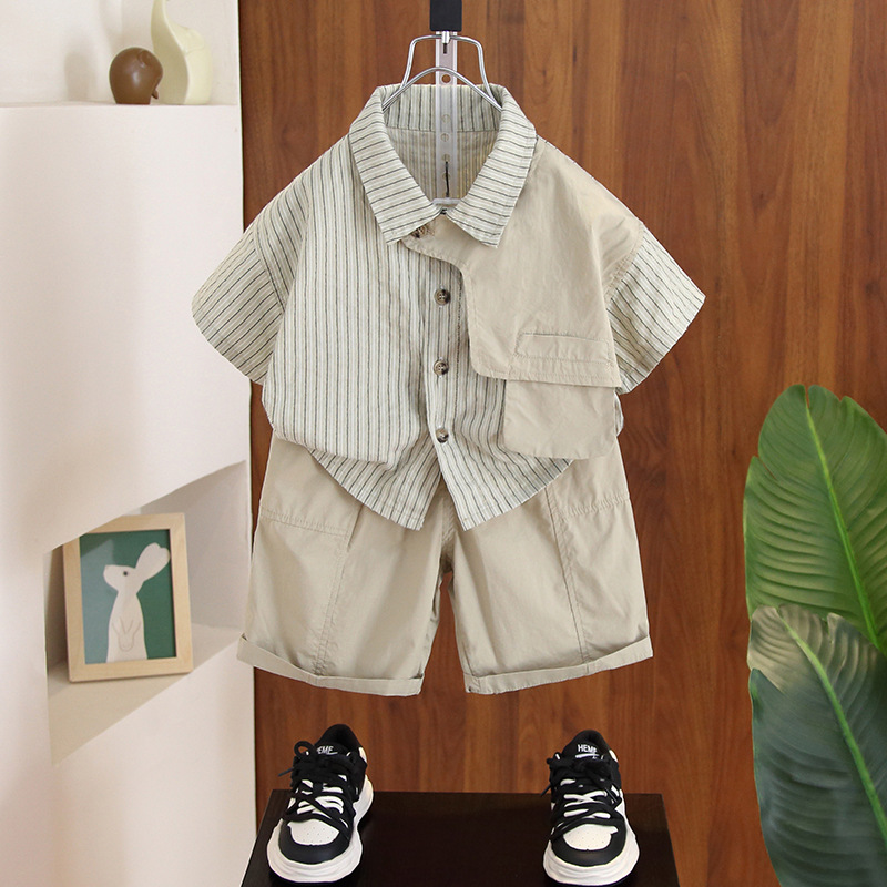 Boys' Summer Suit 2024 New Style Fashionable Korean Style Boys Children's Striped Pocket Shirt Suit