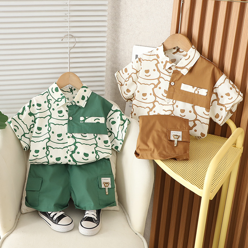 Korean-style Summer Casual Short-sleeved suit Summer Boys' Baby Thin Full Print Bear Shirt Short-sleeved Two-piece Fashionable Set
