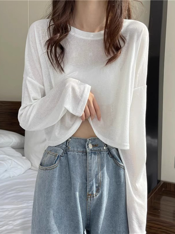 Designed White Sun Protection Long-Sleeved T-Shirt for Women 2025 Summer New Loose Thin Blouse Short Top for Women