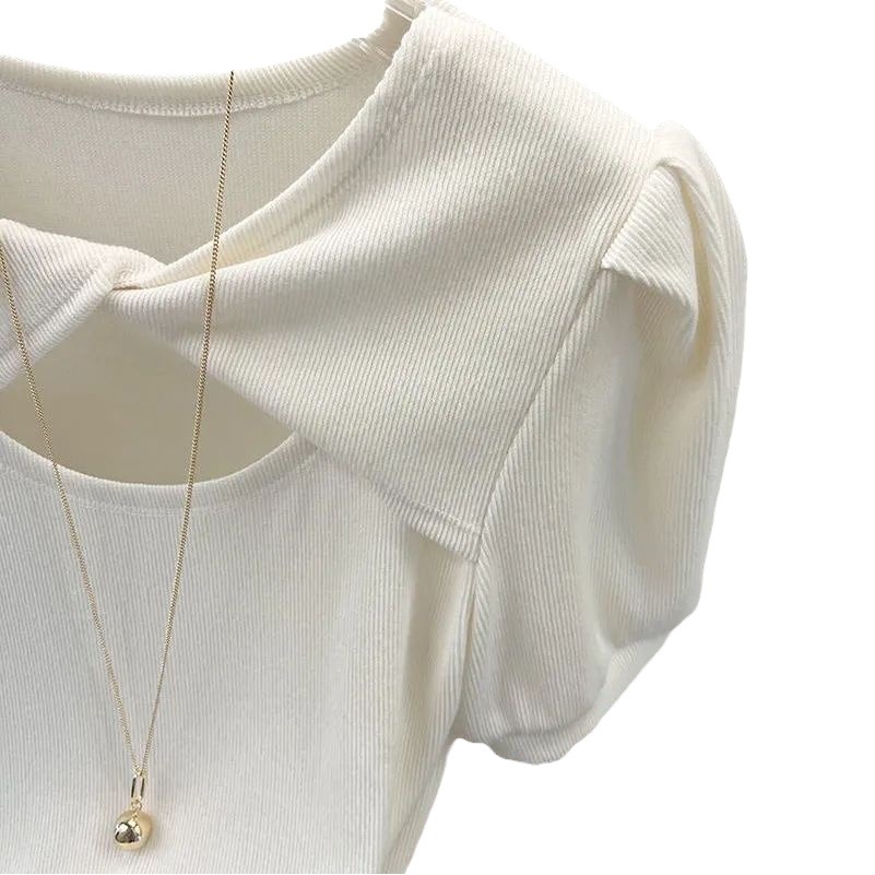 High-end European Station Green Short-sleeved T-shirt Women's Summer Korean-style New Design Sense Niche Puff Sleeve Top