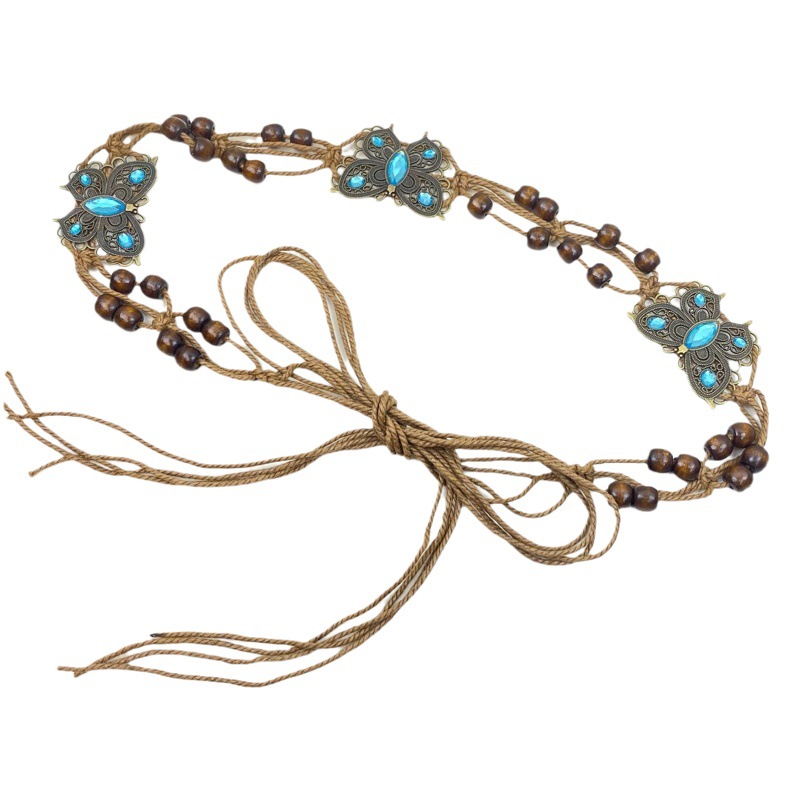 Purely Hand-Woven Belt with Metal Butterfly Waist Chain for Women, Rope Chain with Ethnic Style, Personalized Waist Accessory with Bow
