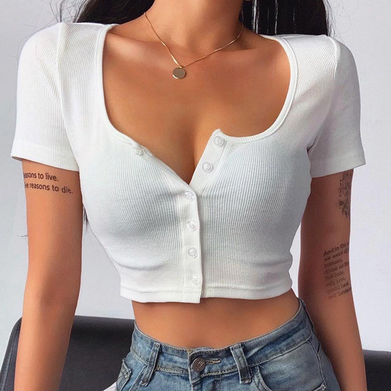 White shoulder T-shirt women's short-sleeved summer New ins slim-fit slimming cropped hot girl square collar cardigan top