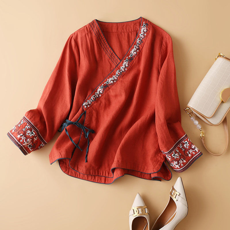 Picture of Summer Ethnic Style Women's Cotton and Linen Slant Placket Embroidered Top Artistic Retro Loose Modified Hanfu Ancient Style Tea Zen Clothing