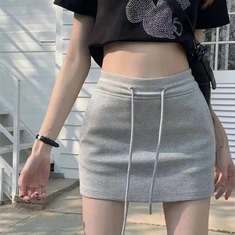 Simple All-match Casual Sports Skirt Women's Summer Drawstring High Waist Slimming Hip Skirt Small A- line Short Skirt