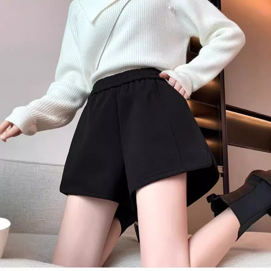 Black Boots Pants with High Waist and Staggy Shorts Women's Autumn and Winter New Arrival Woolen Outwear Loose Wide Leg A- Shaped Casual