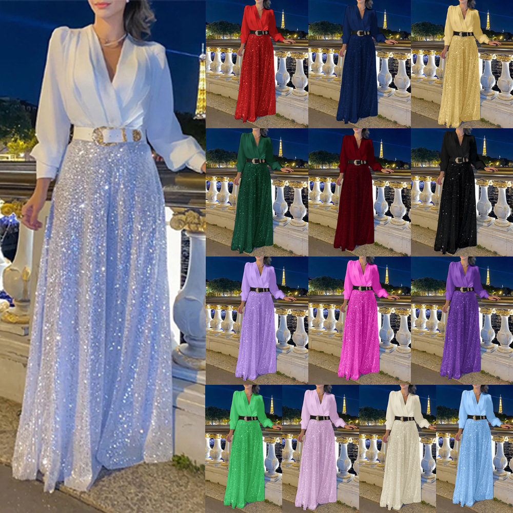 Cross-border quick buy Europe and the United States new fashion V-neck long sleeve shirt elegant elegant waist slim sequined wide leg pants