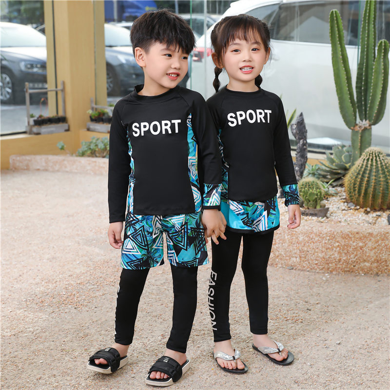 New Kidsren's Swimsuit Boys and Girls Split Three-Piece Set Long Pants Long-Sleeved Conservative Sun Protection Sports Swimwear 4-18 Years Old