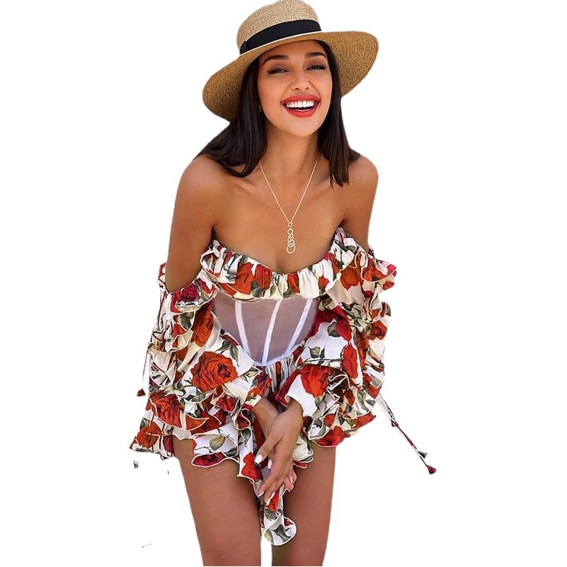 AL22401 Temperament Perspective Waist Printed off-shoulder dress European and American Leisure Vacation Fashion Skirt for Women