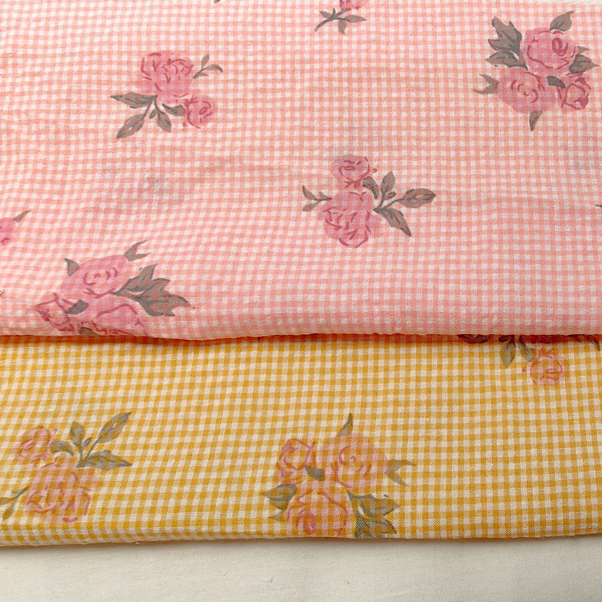 Spring and summer yarn-dyed lattice fresh rose flower plant printed fabric dress children's clothing fabric home boutique
