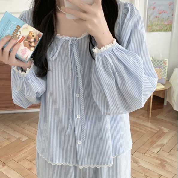 South Korea Ins Women's New Pajamas Women's Korean Style Gentle Striped Simple Comfortable Lace suit Casual Home Clothes