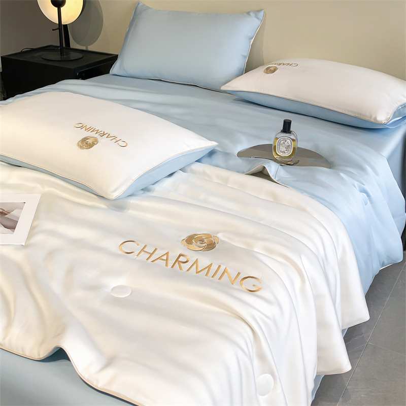 Picture of Washed Ice Silk Summer Quilt Four-piece Solid Color Embroidered Cool Air Conditioned Quilt Summer Gift Summer Quilt Summer Thin Quilt