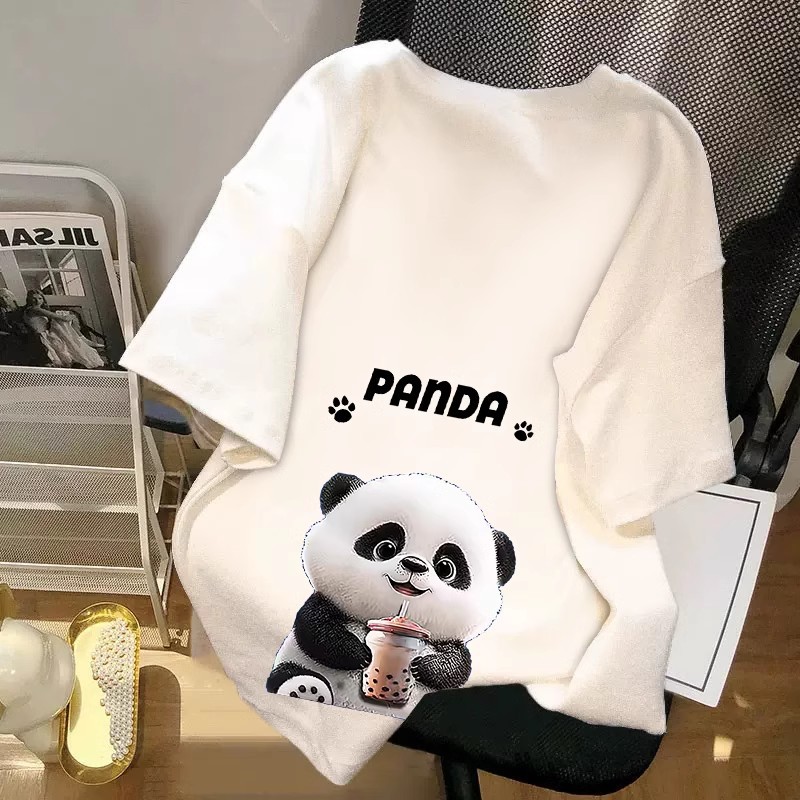 Wholesale round neck short sleeve t-shirt for women Summer 2024 New loose mid-length white cartoon panda half sleeve top