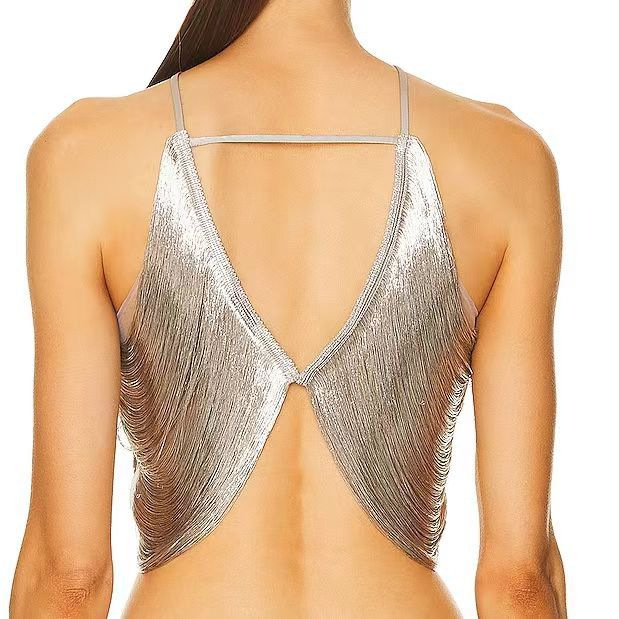 Picture of New Cross-Border Export European and American Style Sexy Off-Shoulder Camisole Asymmetrical Tassel Halter Top