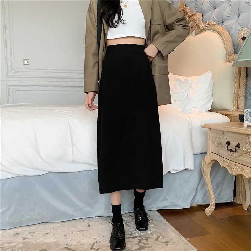 Picture of Autumn 2022 New Large Size High Waist Skirt for Chubby Girls Mid-length Hip Covering Slim A- line Skirt Black Hip Skirt