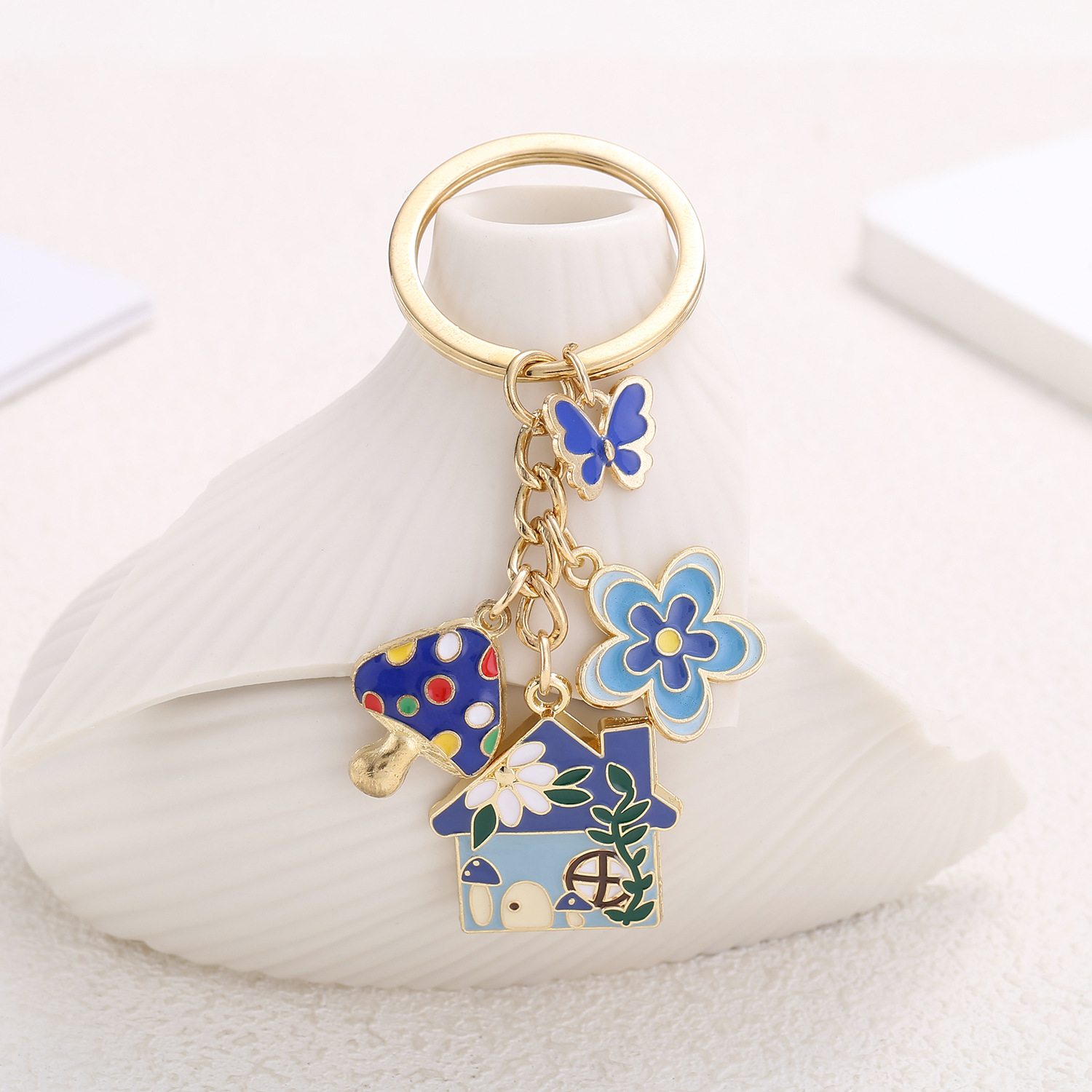 Creative Pendant Dripping Oil Blue Mushroom House Flower Butterfly Accessories Keychain Niche Cute School Bag Pendant for Women