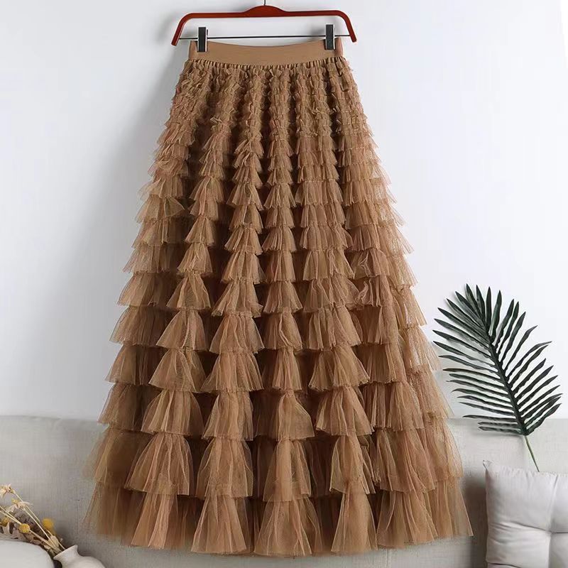 Picture of Mesh Splicing Cake Skirt 2025 Spring, Summer, Autumn and Winter New Mid-Length Skirt A-Line Long Skirt Fluffy Gauze Skirt