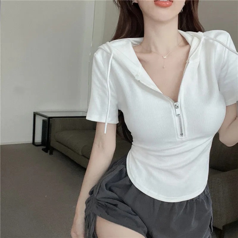 Pure Sweet Spice Girl Irregular Short Hooded Zipper Top Design Niche White Short-sleeved T-shirt Women's Summer Ins
