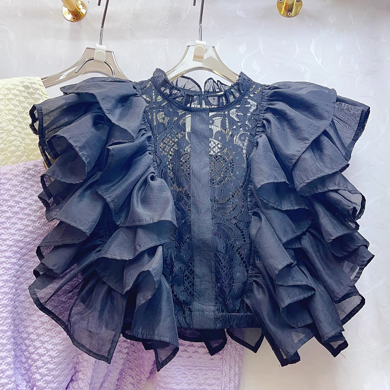 Picture of Summer New High-end French Ruffled Stitching Crochet Hollow Lace Shirt Women's Chic Top Trendy