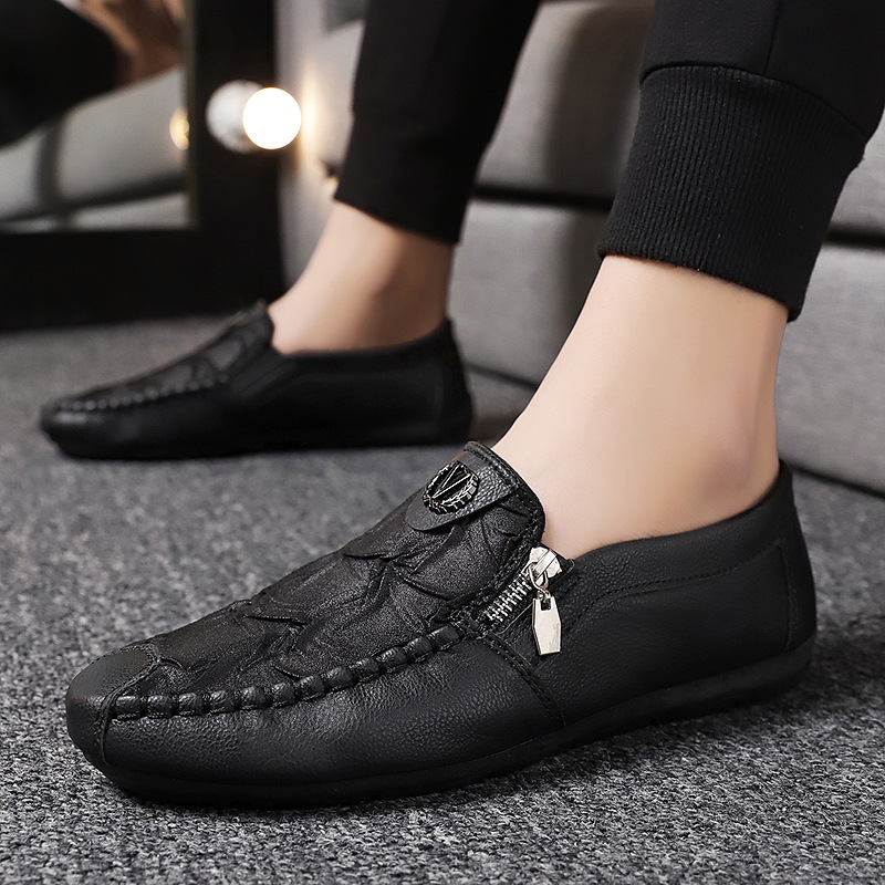 Four Seasons Single Shoes Retro Zipper Casual Leather Shoes Men's Shoes Slip-on Lazy Shoes Soft Bottom Driving Shoes for Men
