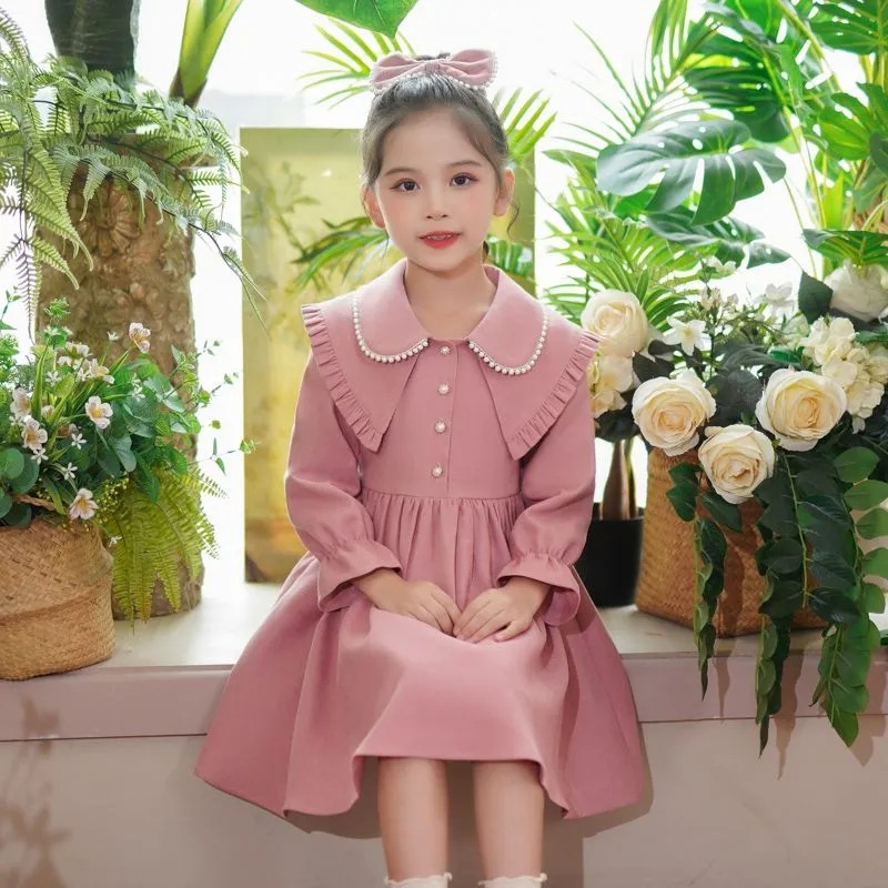 cuhk girls fashion temperament sweet dress girls spring and autumn new western style solid color princess style skirt