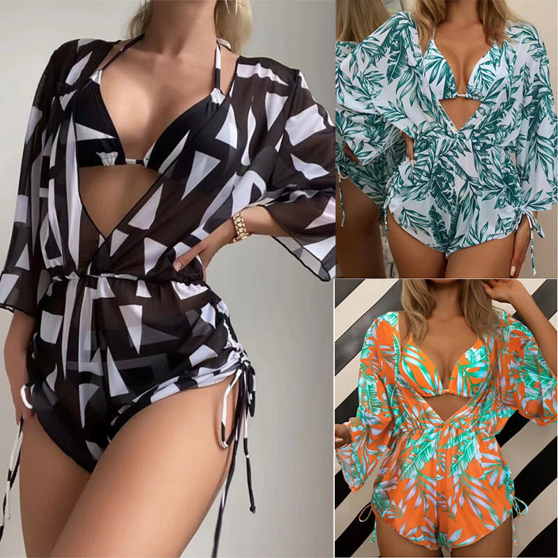 2023 New European and American Amazon Cross-border Three-piece Bikini Beach Sunscreen Printed Drawstring Blouse Swimwear for Women