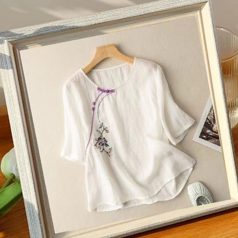 Women's Embroidered Loose Artistic Vintage Cotton Linen 2024 Summer Thin Shirt Slant Flap Button Embroidered Guofeng Shirt
