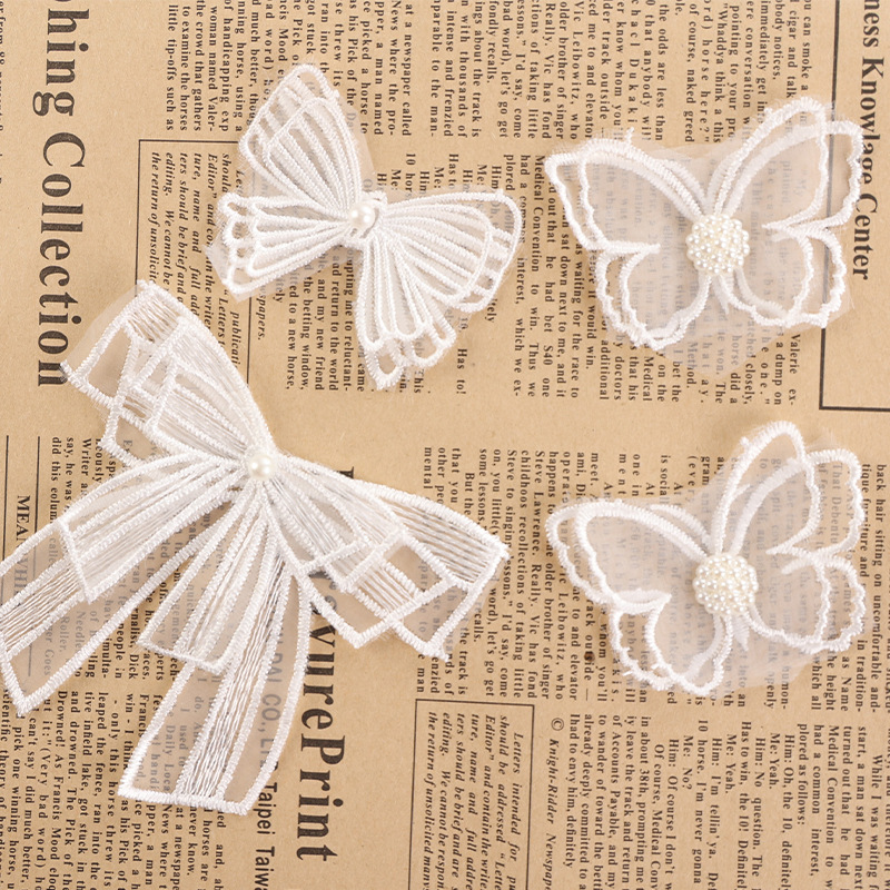 New in stock Korean Style Fresh Double Lace Pearl Butterfly Mesh Handmade DIY Wedding Dress Decoration Accessories Accessories