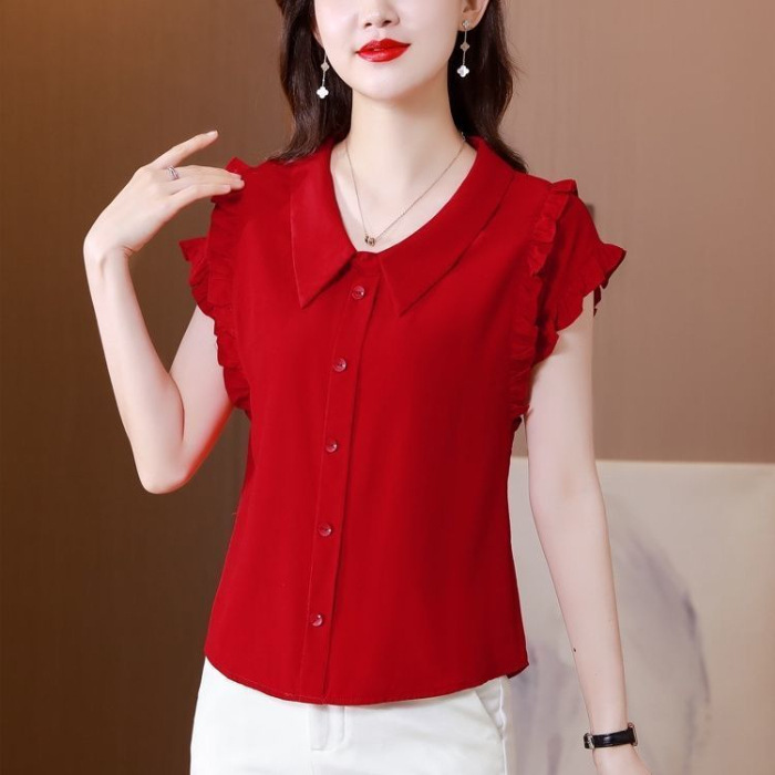 Picture of Age-Reducing Belly-Covering Slimming Doll Collar Chiffon Shirt Women's Short-Sleeved Summer Stylike Top Solid Color Ruffled Shirt