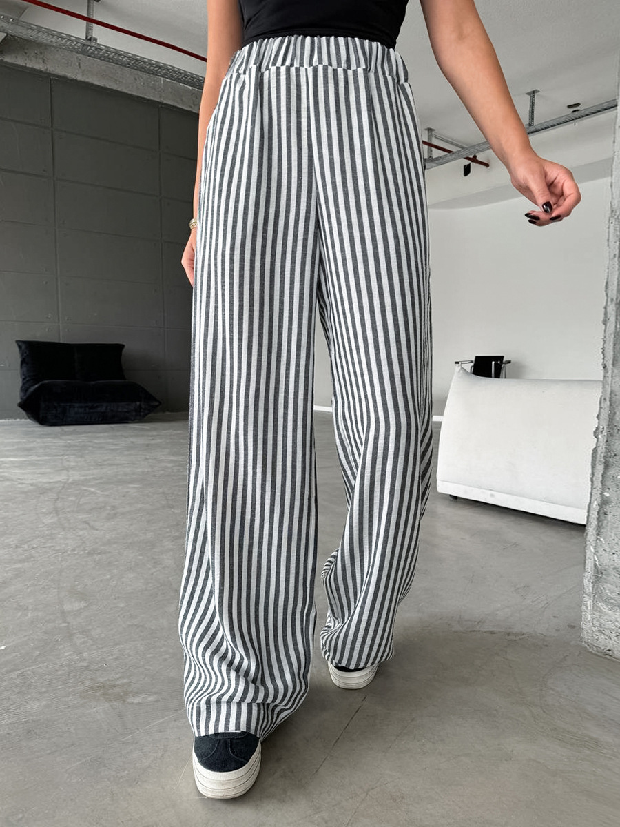 Autumn 2024 Joker Casual Style Striped High Waist Elbow Trousers Fashion Loose Straight Leg Pants Wholesale Women