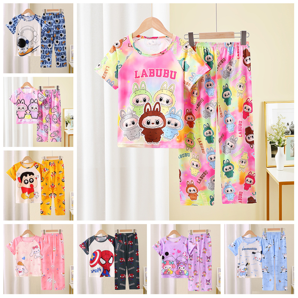 Children's Pajamas Girls Summer Air-conditioned Room Short-sleeved Trousers Girls Cartoon Cute Baby Home Clothes suit Outer Wear
