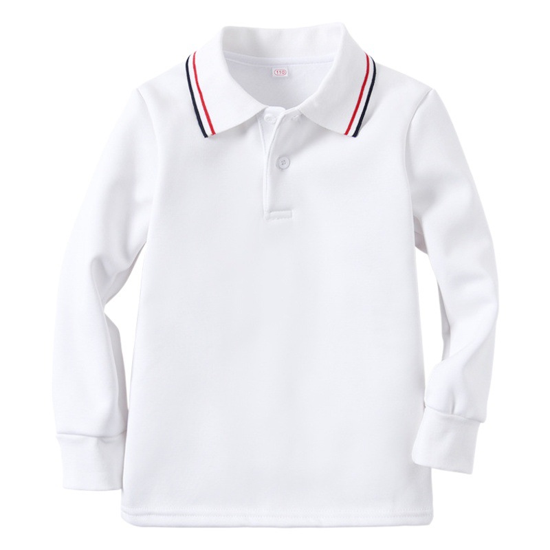 Children's Polo Shirt Long Sleeve Fleece Lapel White T-Shirt Boys and Girls Winter Thickened Warm Base Shirt School Uniform T