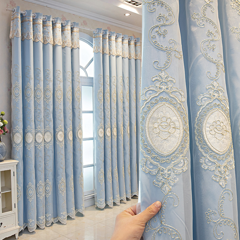 One-Piece Drop-Shipping Cloth Gauze Integrated Lace Embroidered Double-Layer Curtains for Bedroom and Living Room Bay Window Full Blackout Finished Product