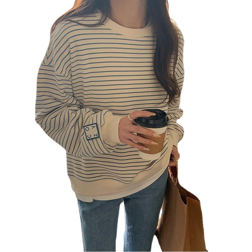Strict selection of shoulder sleeve striped long sleeve sweater women's niche design sense thin Oversize spring and summer cross-border top