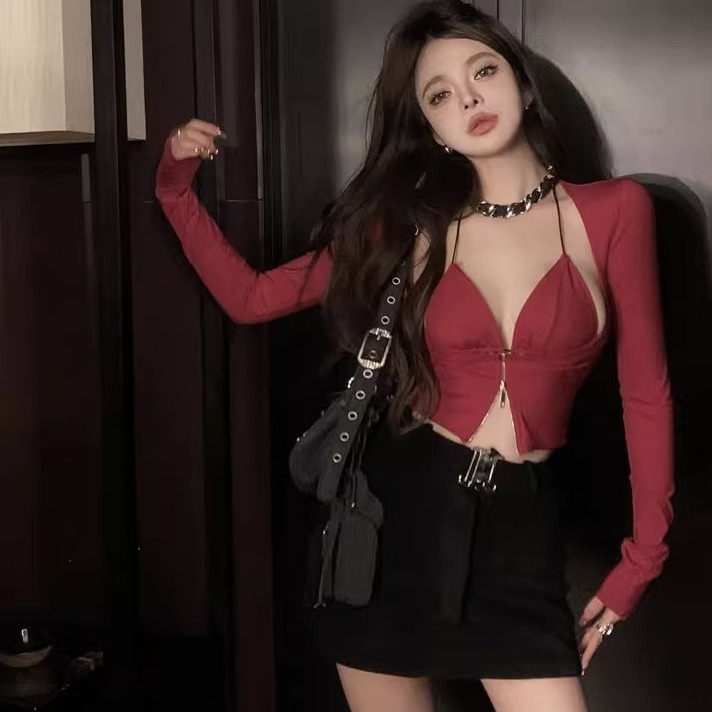 Vintage Red Zipper Cardigan Shawl Women's Autumn Pure Sexy Spice Girl suit Sling Short Top Two-piece Set