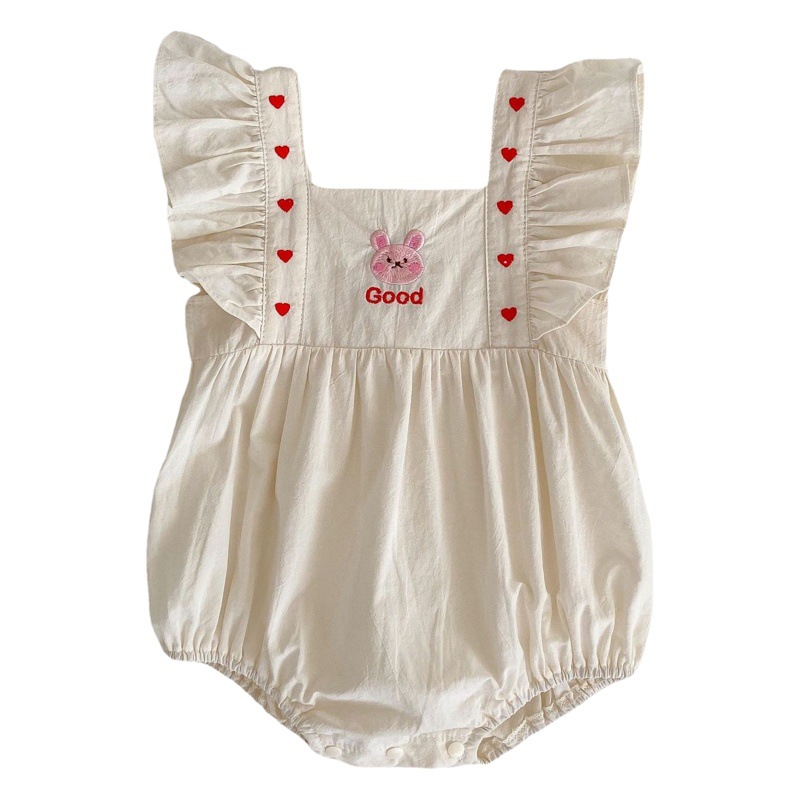 ins Summer Baby Clothes Small Love Flying Sleeve Triangle Hatshirt Cute Rabbit Embroidered Square Collar Bag Fat Clothes Climbing Clothes