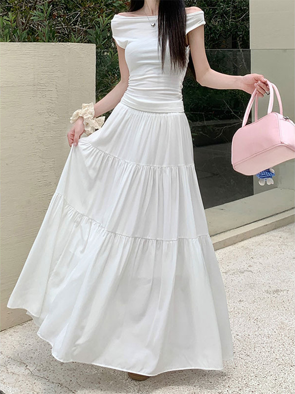 Summer Gentle Style Elegant Pleated Skirt Women's Small New High Waist Slimming Large Umbrella Skirt A- line Long Skirt