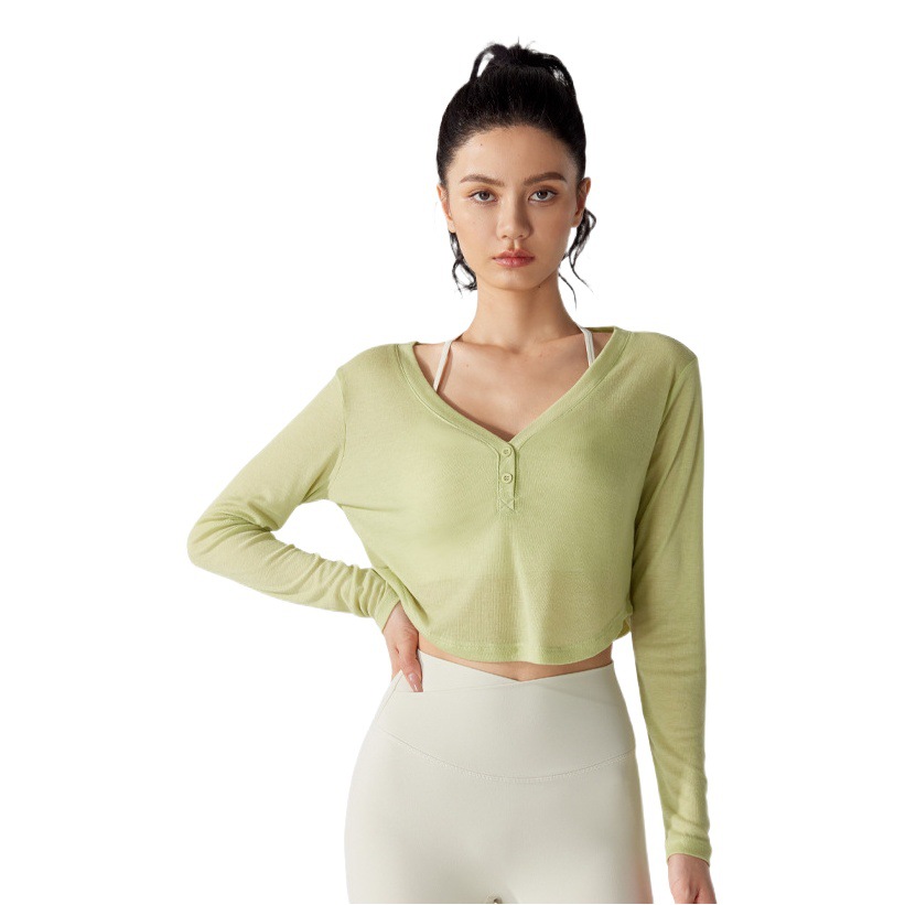 Picture of Wholesale Spring Summer Autumn Tencel Yoga Long Sleeve Loose Breathable V-neck Sports Blouse Women's Quick-drying Running Fitness Wear