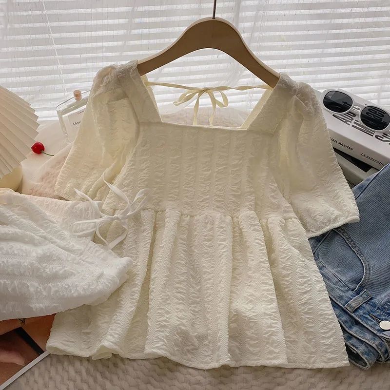 2025 French Square Neck Puff Sleeve Top for Women Summer New Style Chic Design