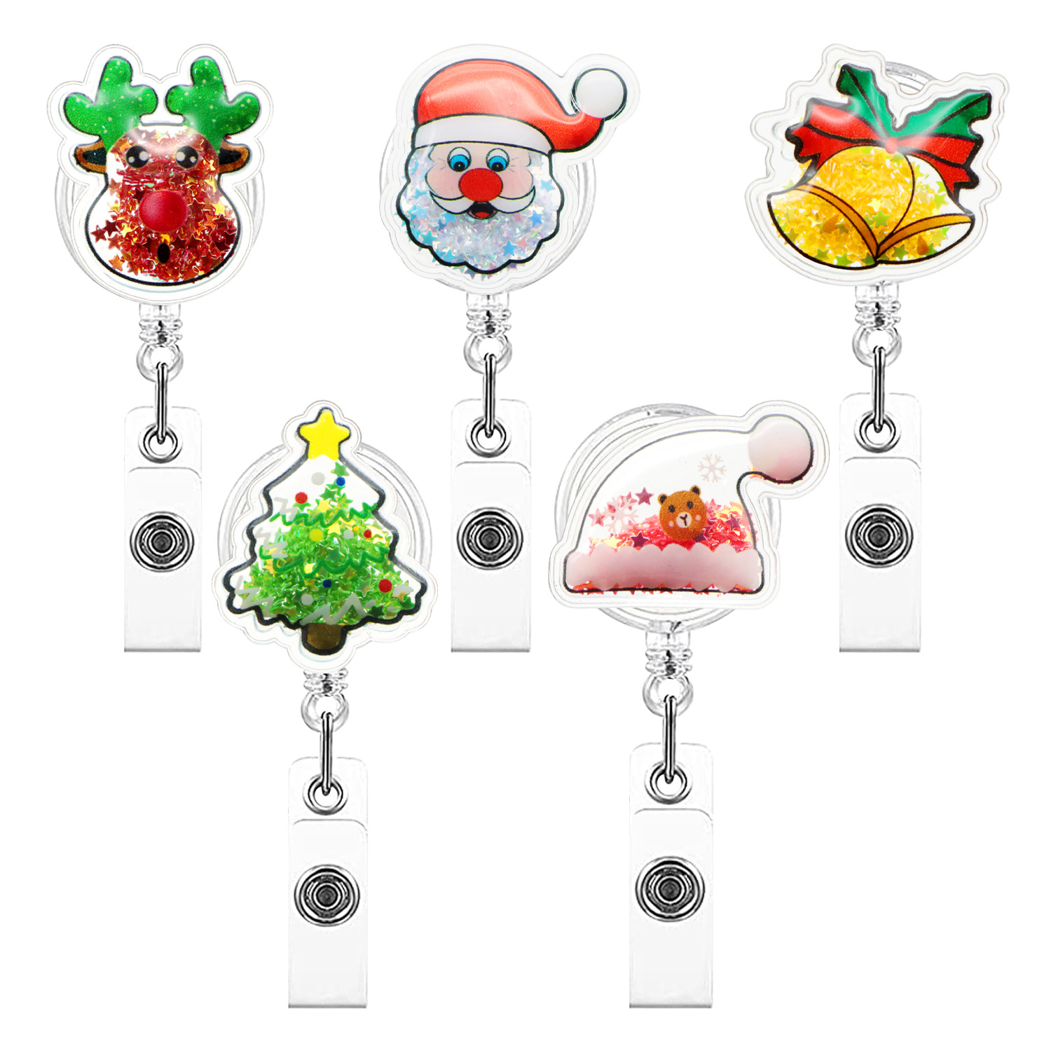 PVC hollow quicksand cute Santa Bell elk retractable rotating easy-to-pull bubble badge gift