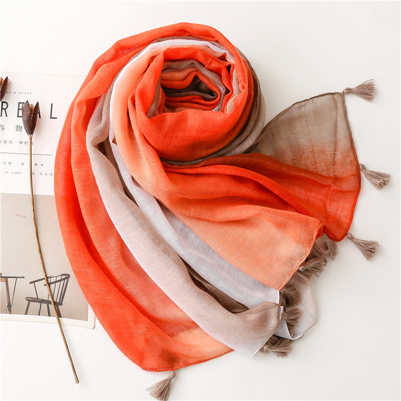 Picture of Japanese and Korean Style Sweet Lady Style Orange Gradient Cotton and Linen Scarf Silk Scarf Slub Yarn Tassel Travel Shawl Thin
