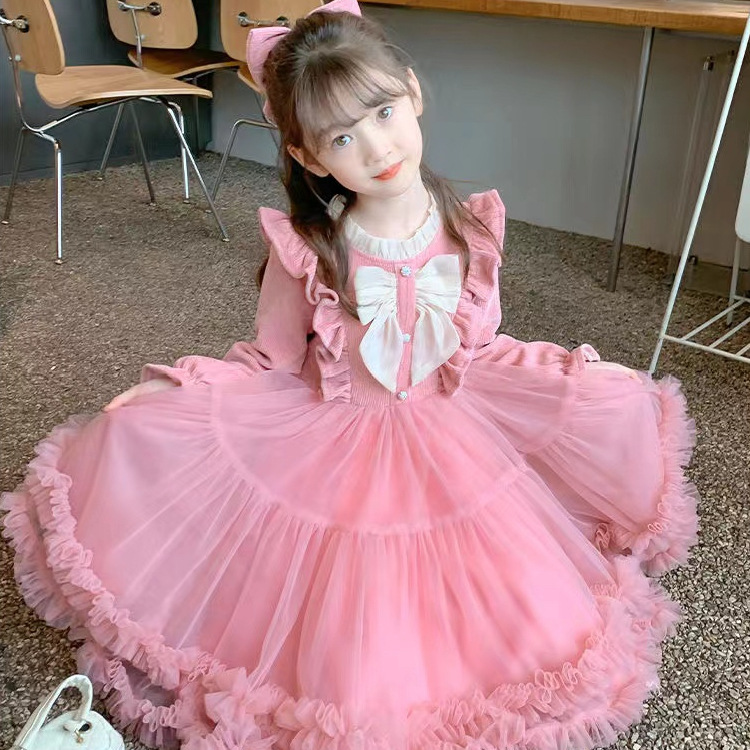 2024 Autumn and Winter Girls' Heavy Industry dress Sweet Bow Corduroy Stitching Mesh Puffy Princess Skirt Birthday